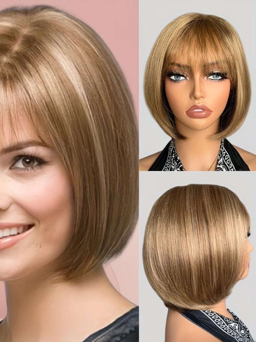 [Light Brown Bob Synthetic Wig] 10 Inch Light Brown Short Bob Wig with Bangs
